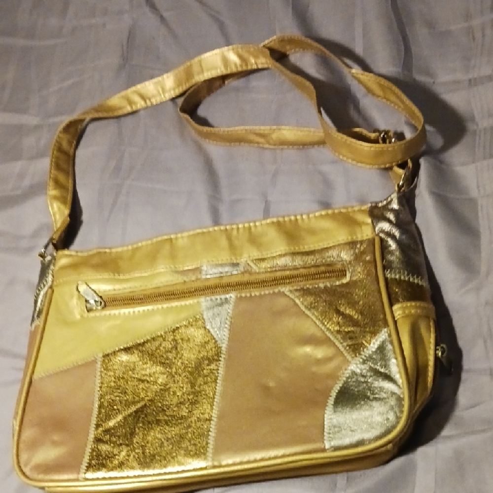 Vintage Gold and Silver Leather Cross Body Bag Pacth Soft Leather Bag 80's